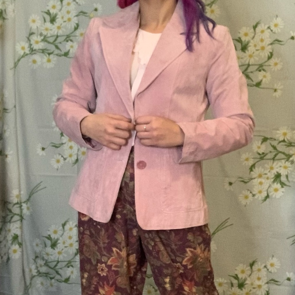 Vintage 90s RELATIVITY dusty light pink leather fitted blazer style jacket - Picture 2 of 7